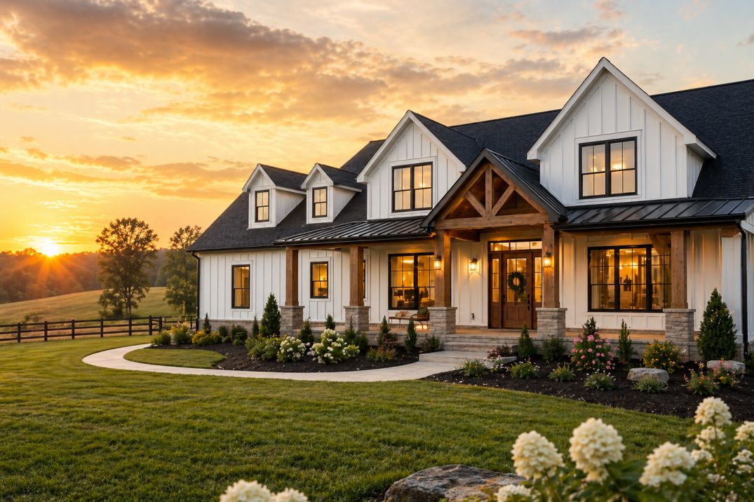 beautiful custom home against a setting sun