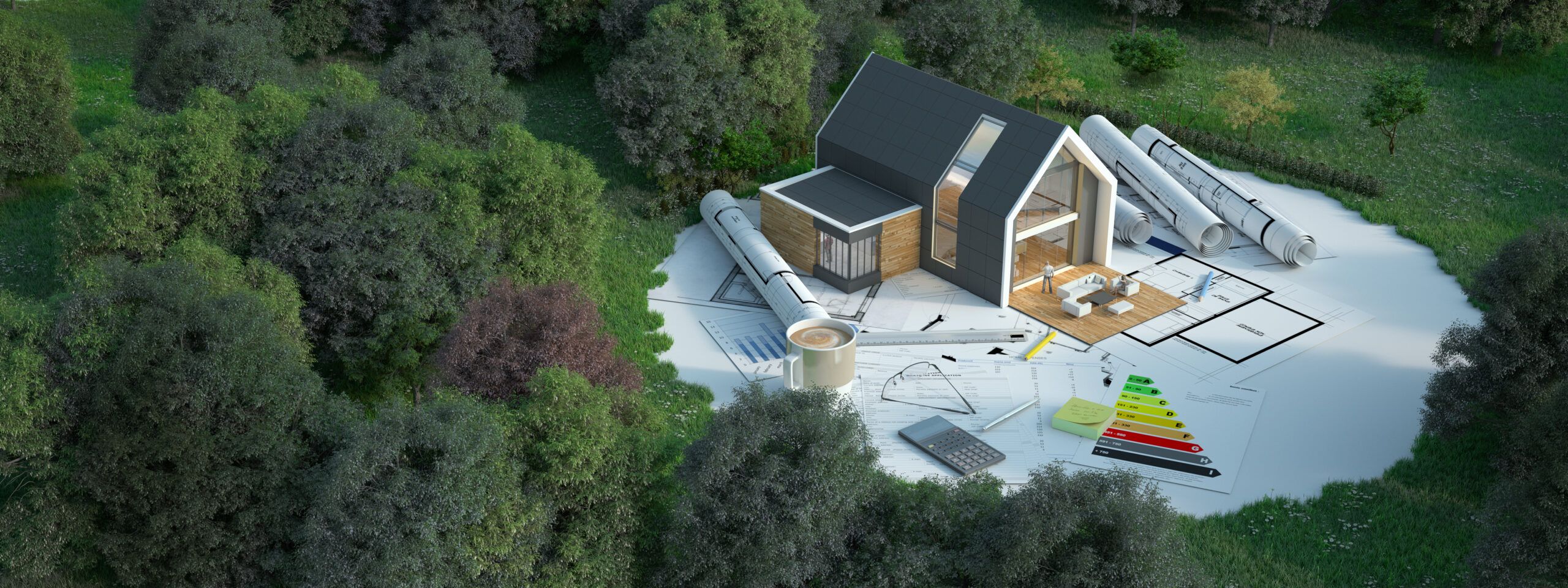 home build on land, with blueprints, and energy documents